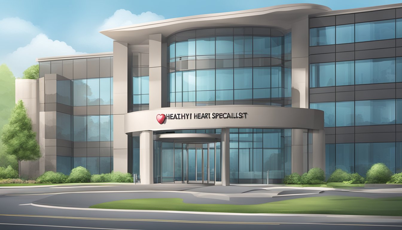 A modern, sleek medical center with the name "Healthy Heart Specialist Center" prominently displayed. A sign with "SG Cardiologist" is also visible