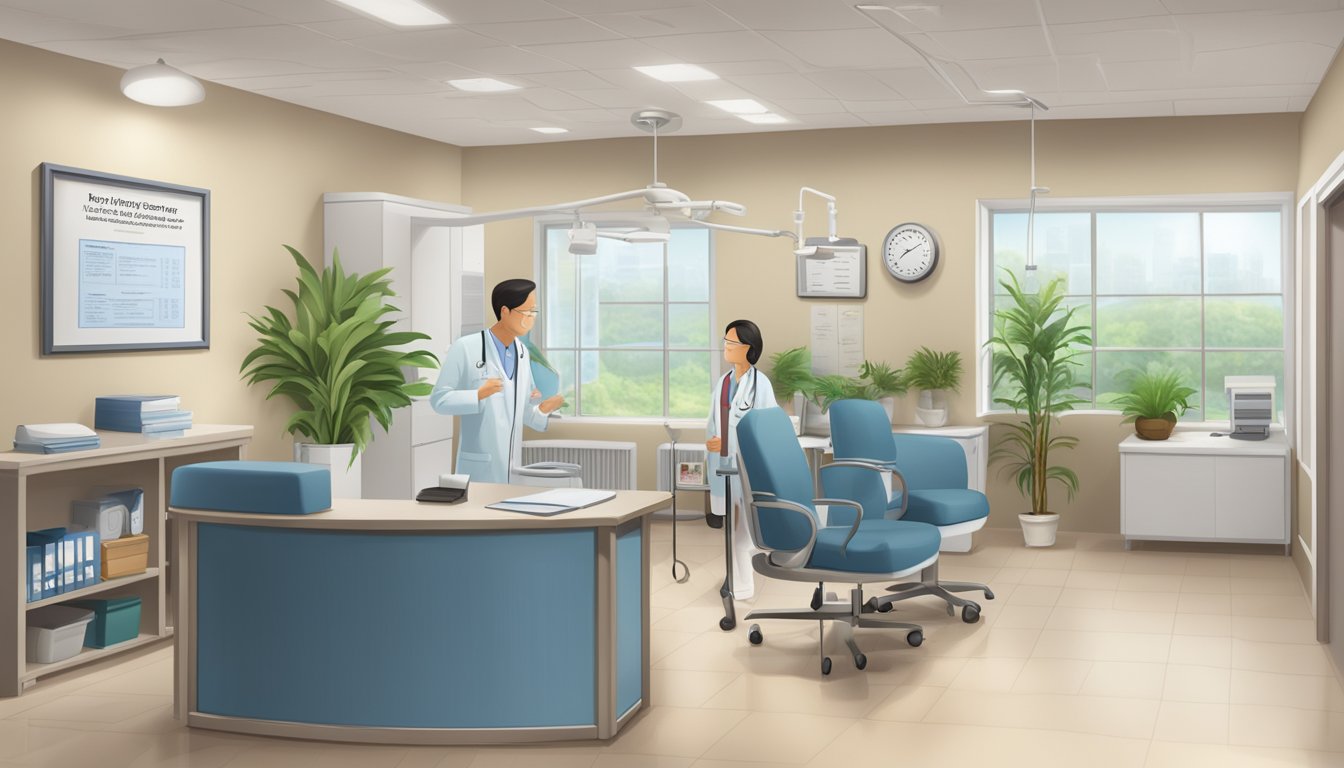 A doctor's office with a sign reading "Healthy Heart Specialist Center" and "Frequently Asked Questions Dr Tony Wong - SG Cardiologist" displayed prominently
