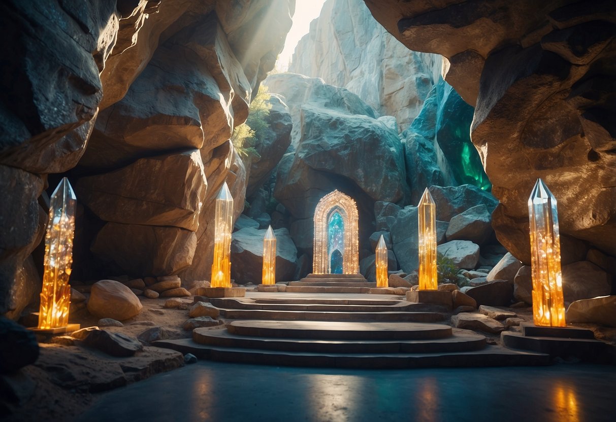 The Crystal Shrine Grotto sparkles with colorful glass and rock formations, illuminated by soft light