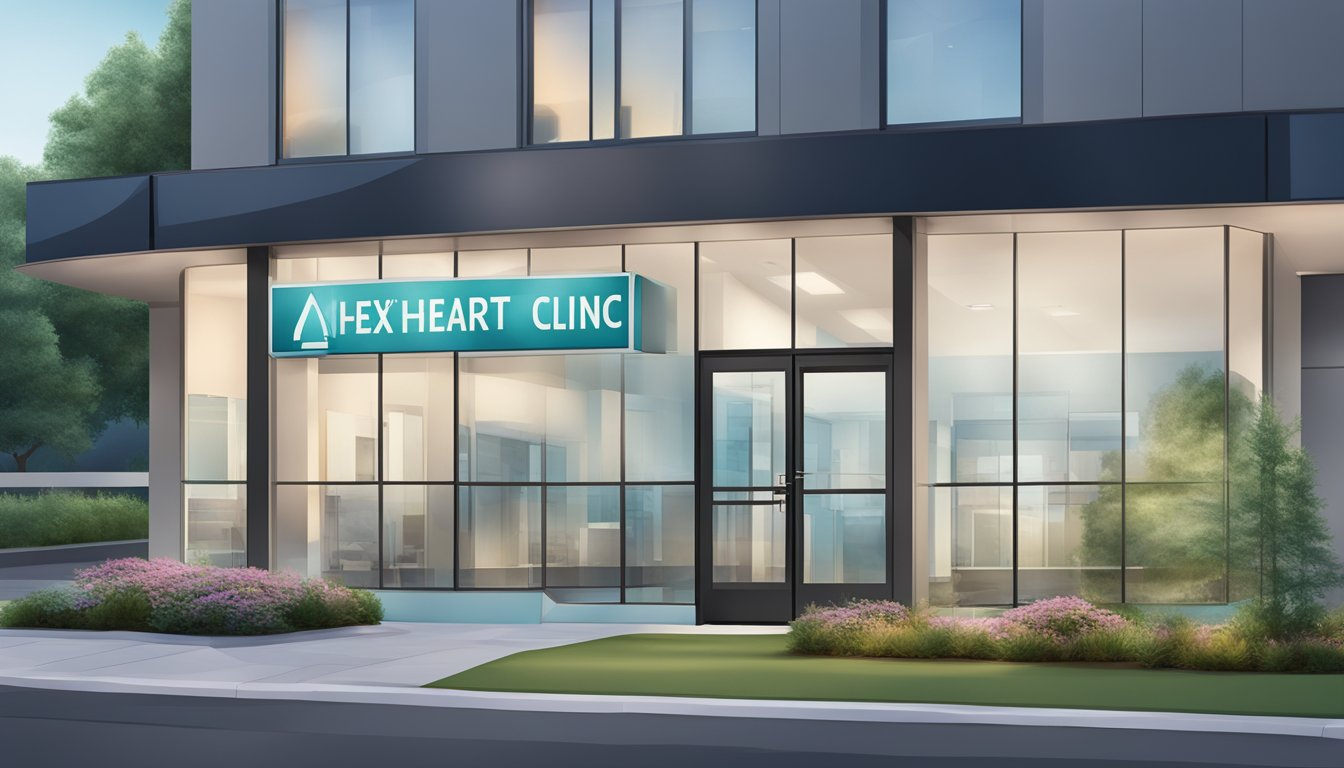 The modern clinic exterior features a sleek design with large windows and a prominent sign displaying "Apex Heart Clinic - Cardiology Clinic Review."