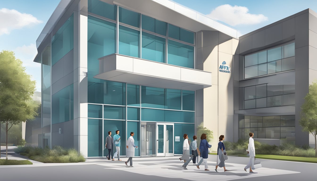 The exterior of Apex Heart Clinic, with a prominent sign and modern architecture. A steady stream of patients entering and exiting the building