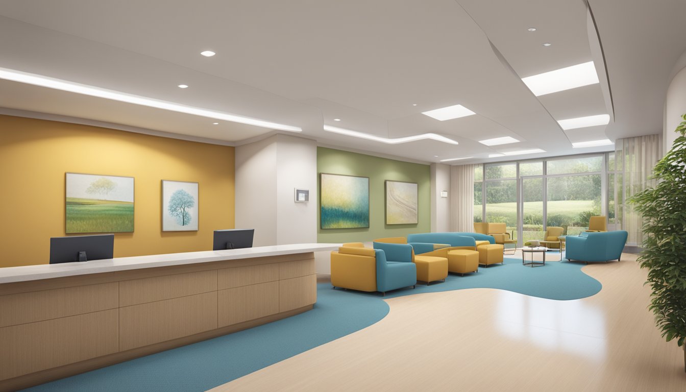The modern cardiology clinic features a spacious waiting area with comfortable seating, a reception desk, and large windows allowing natural light to fill the room. The walls are adorned with calming artwork and informational posters