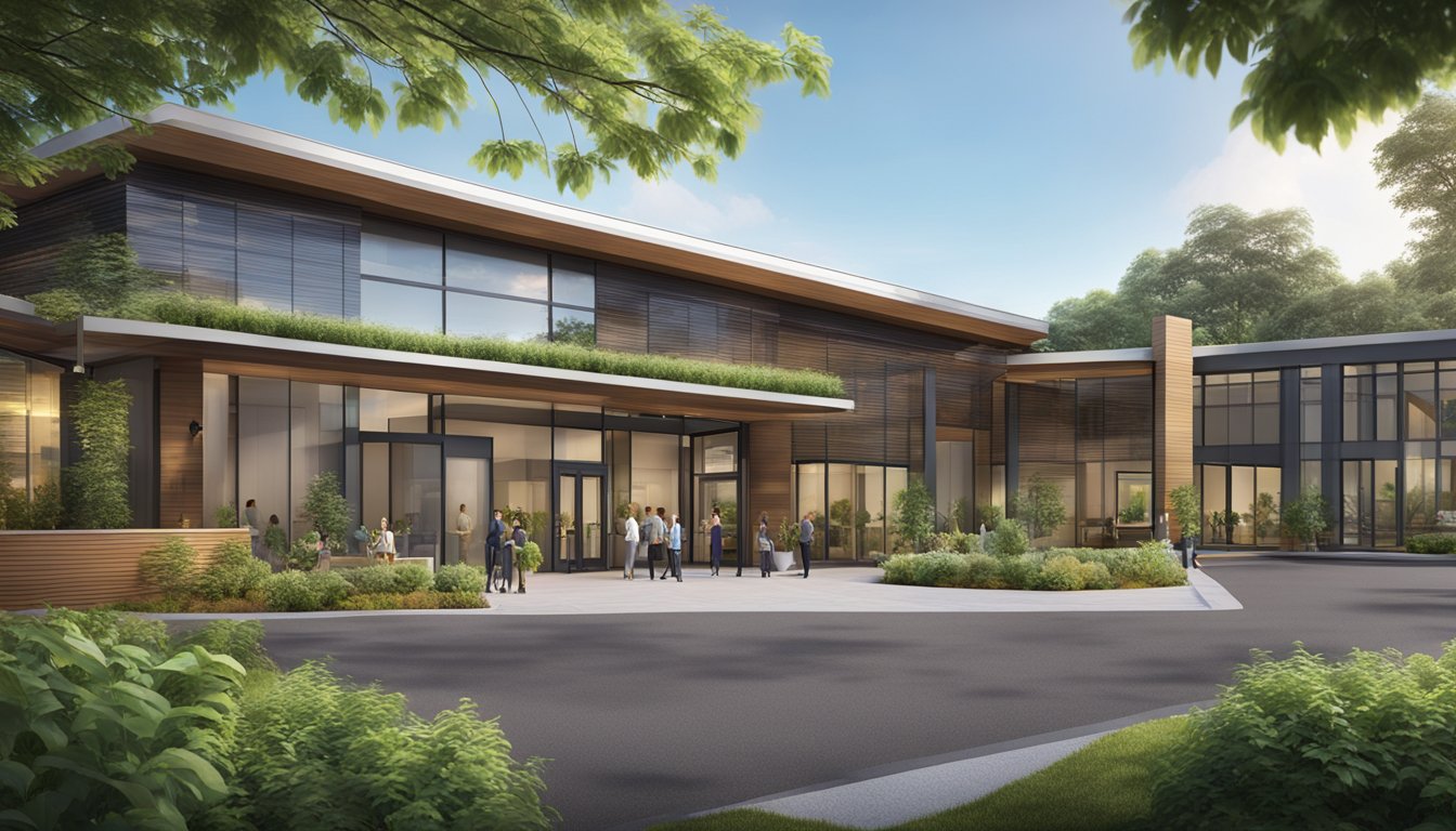 The Cadence Heart Centre sign hangs above the entrance, with a modern and welcoming exterior. The building is surrounded by lush greenery, creating a peaceful and serene atmosphere