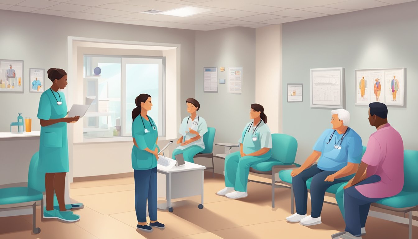 Patients fill the waiting room at Apex Heart Clinic. A doctor consults with a patient. Medical equipment and heart diagrams line the walls