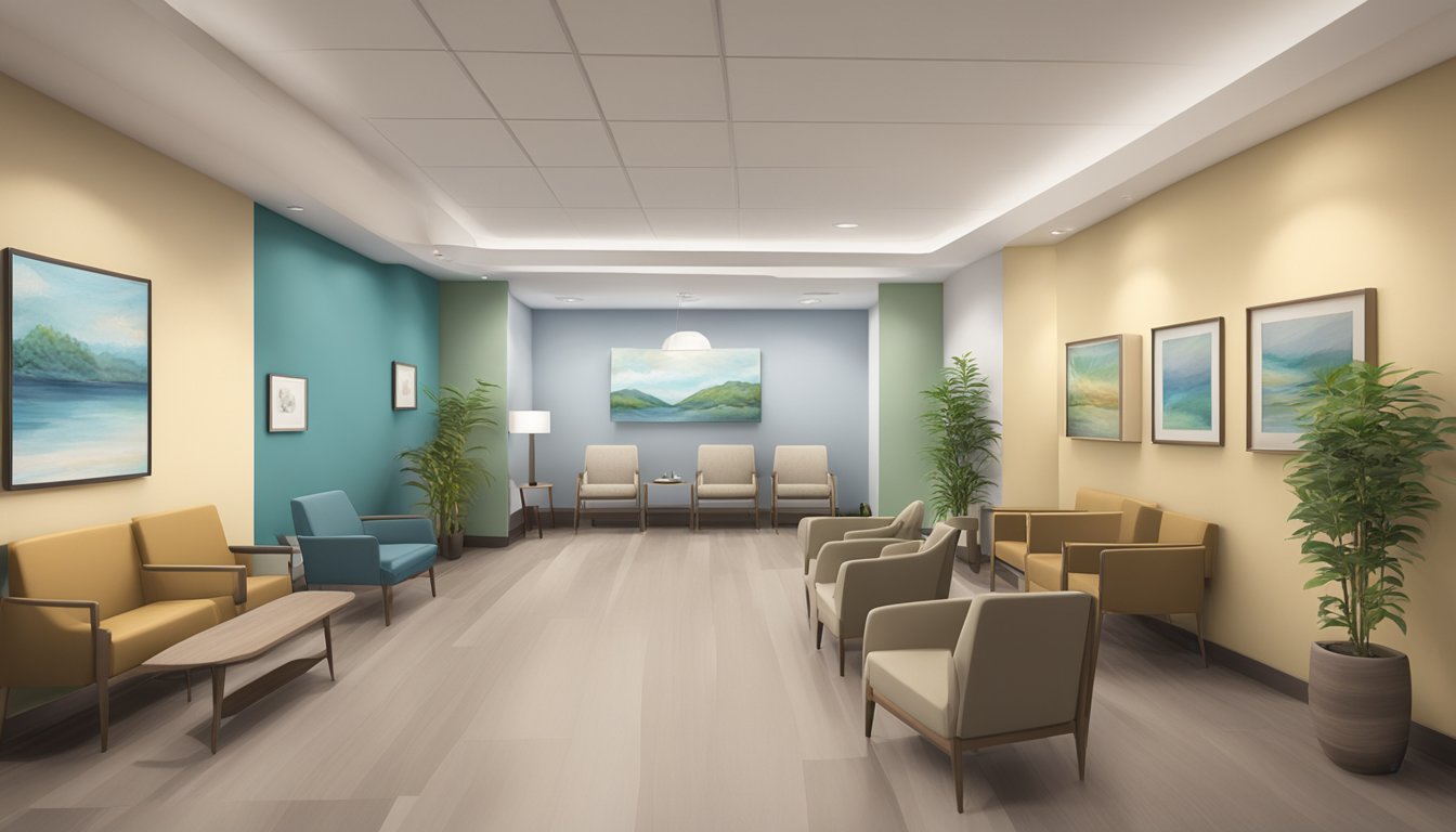 The waiting room at Apex Heart Clinic is filled with comfortable chairs and soft lighting. A receptionist greets patients as they enter, while soothing music plays in the background. The walls are adorned with calming artwork, creating a serene atmosphere