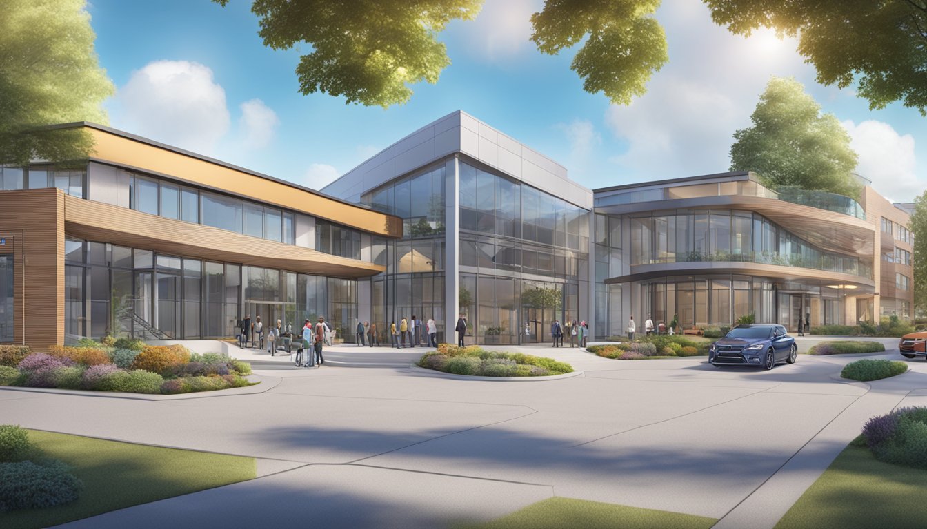 Cadence Heart Centre stands tall with a clear sign, surrounded by ample parking and wheelchair-accessible ramps