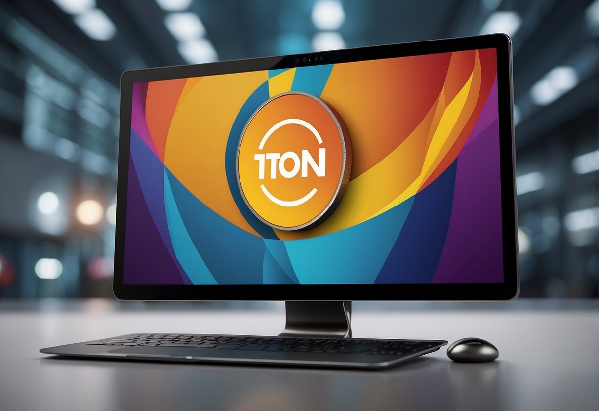 A vibrant digital ad featuring TON Coin logo, with bold text and colorful graphics, displayed on a computer screen with a sleek and modern background