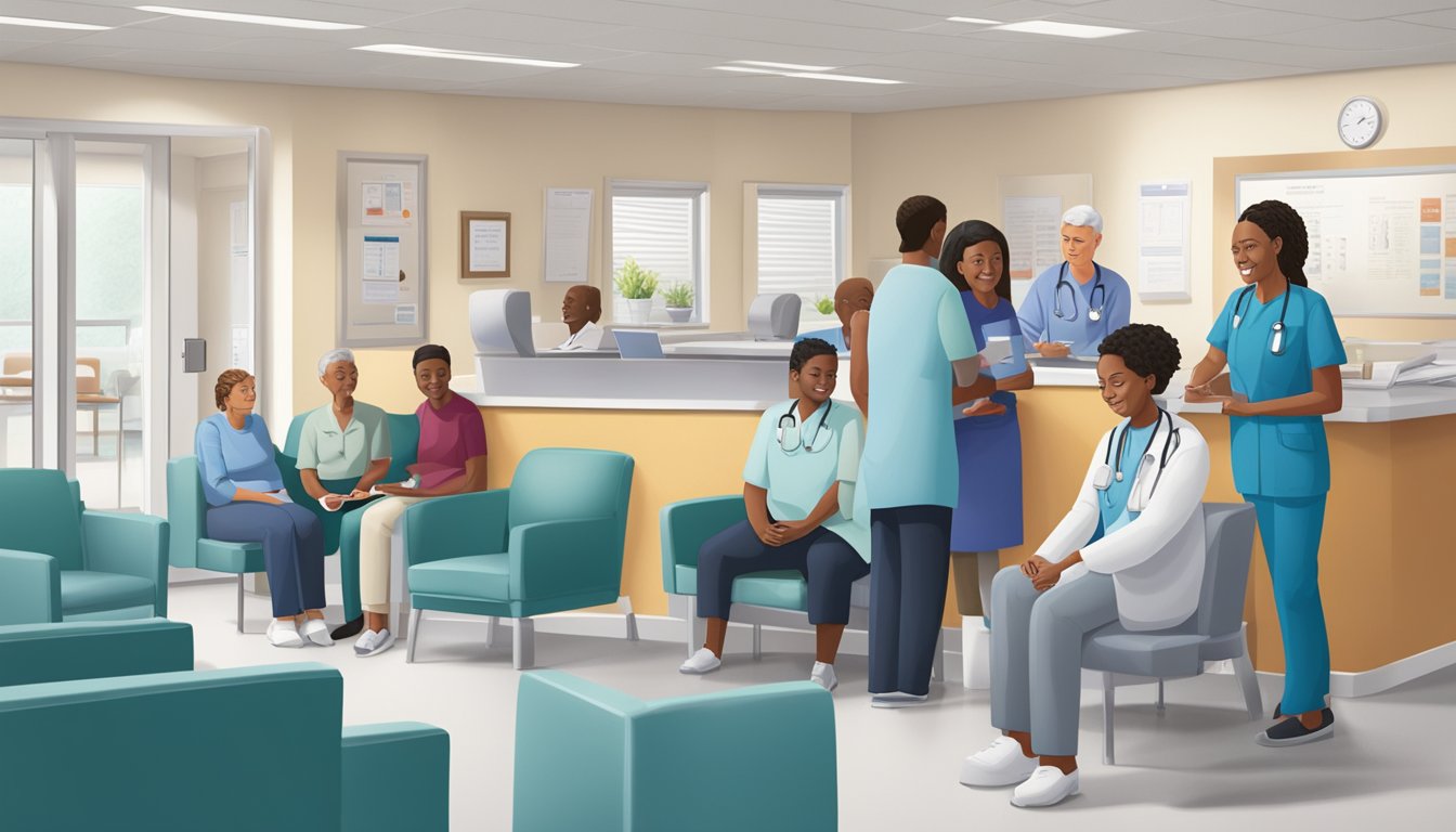A bustling cardiology clinic with patients checking in, staff at reception, and doctors consulting in exam rooms. The waiting area is filled with comfortable seating and informational brochures