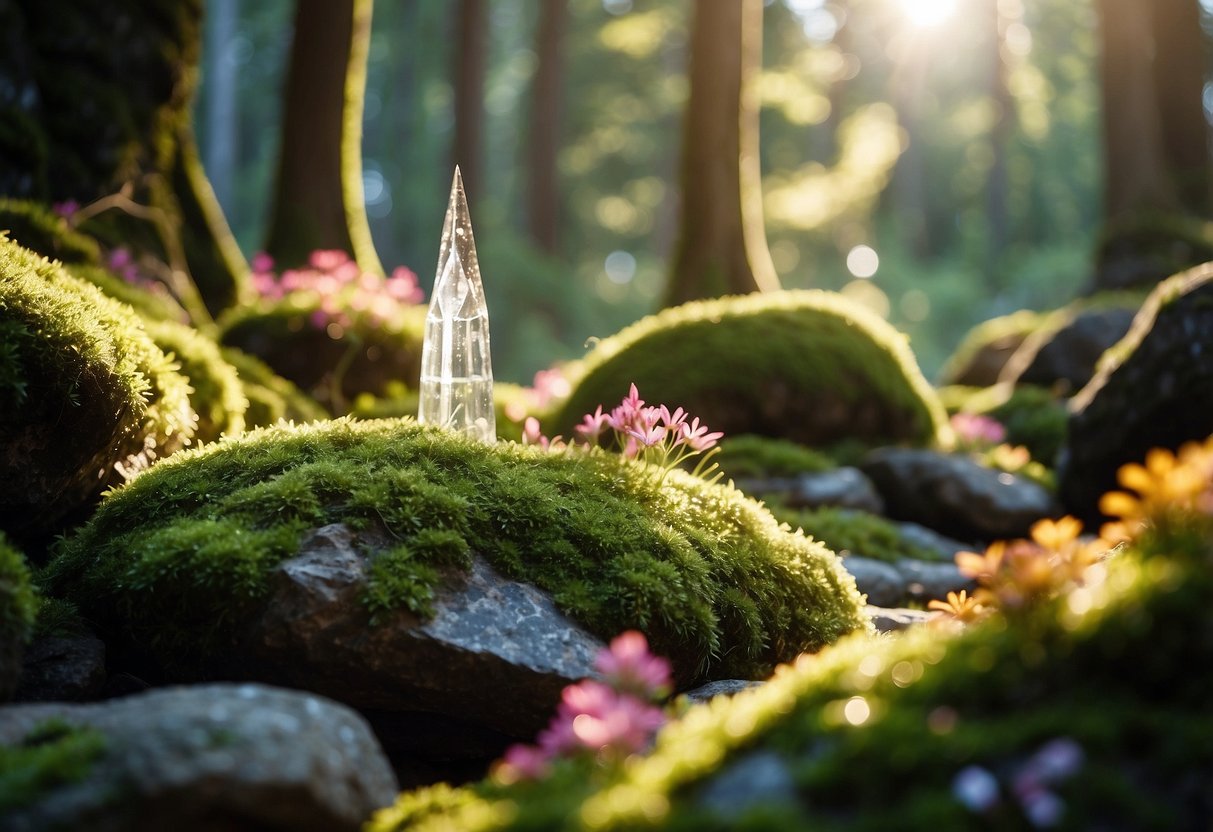 Sunlight filters through the trees, illuminating the Crystal Shrine Grotto. Moss-covered rocks and vibrant flowers surround the glistening crystal formations, creating a serene and enchanting atmosphere