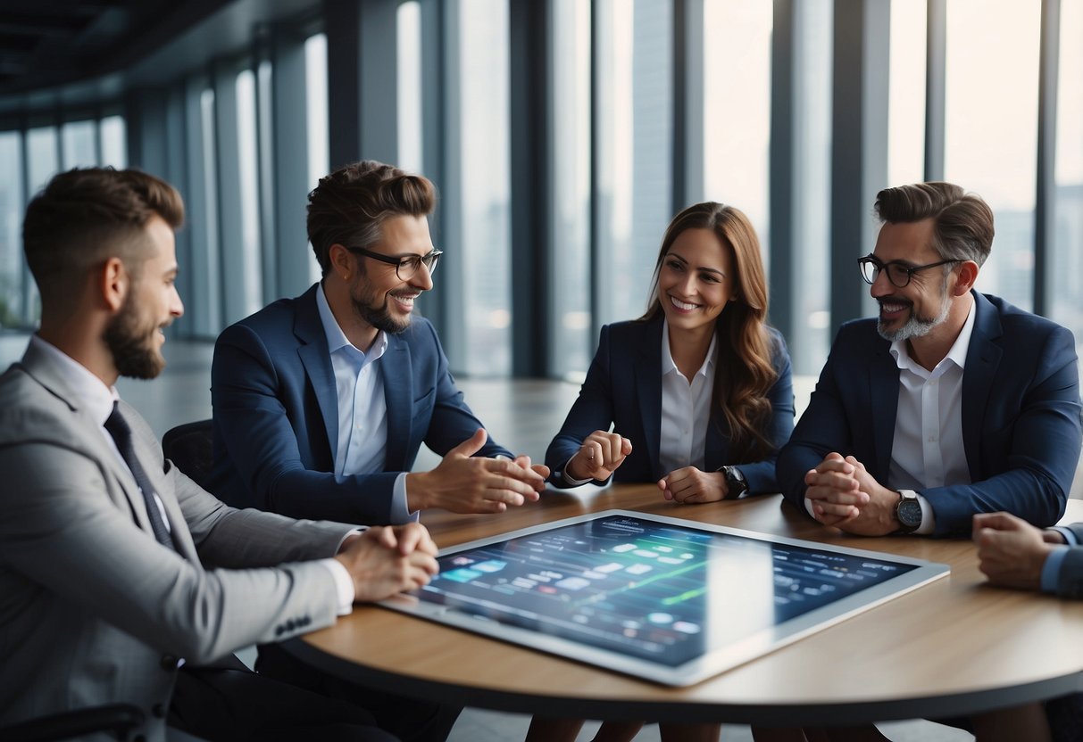 A group of business partners discussing TON token presale details, with charts and graphs on a conference table