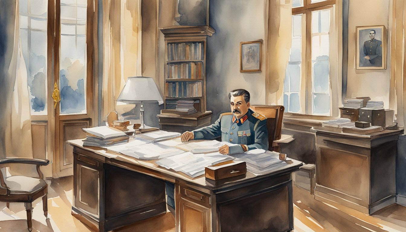 Stalin's office: cluttered desk, maps on the wall, stern portrait of Stalin, dim lighting, heavy curtains, and a sense of secrecy