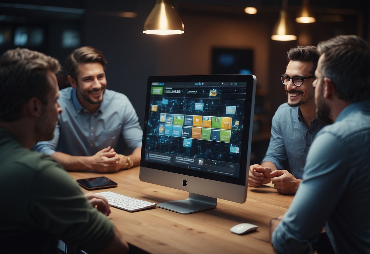 A group of people gather around a digital screen, exchanging Toncoin tokens in a collaborative sale on The Open Network