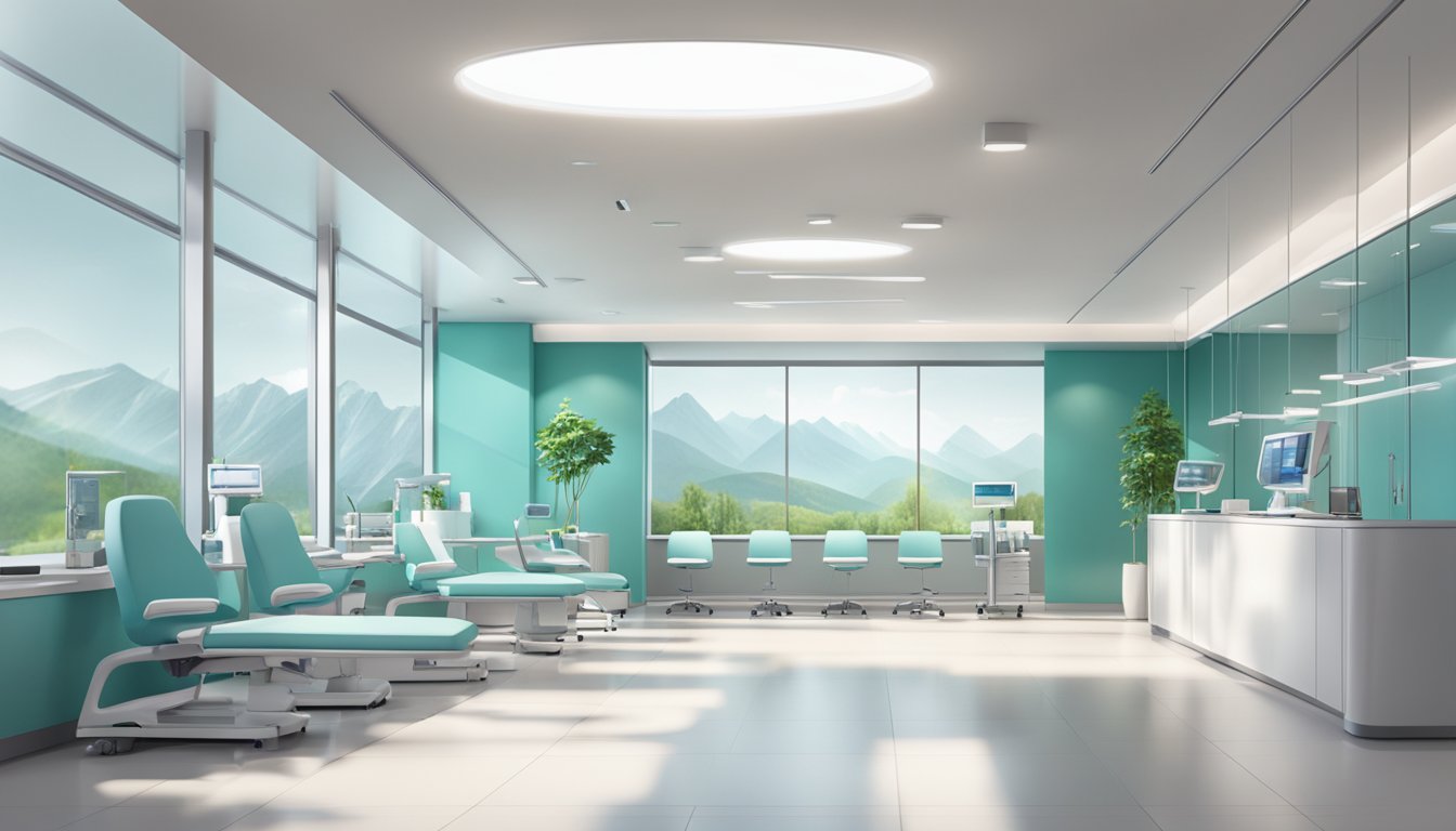 A modern clinic with sleek, glass walls and a bright, welcoming reception area. Medical equipment and monitors line the walls, creating a professional and efficient atmosphere
