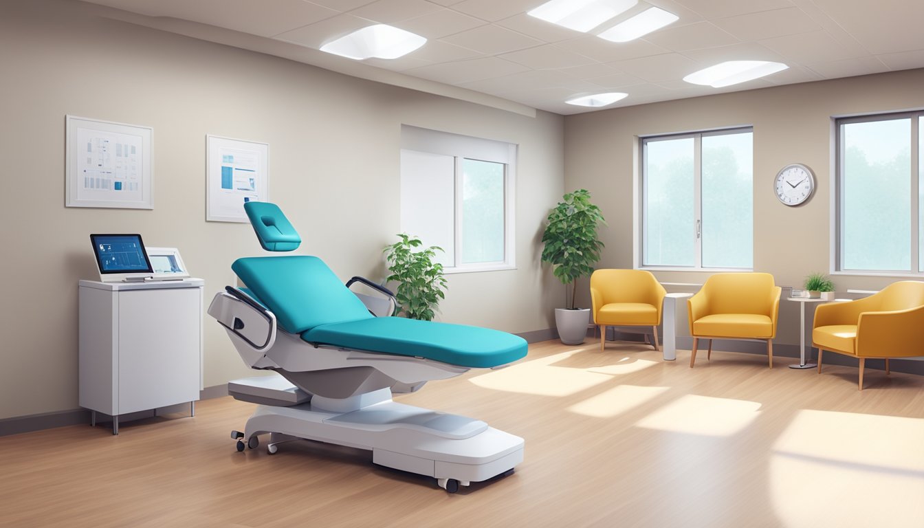 A modern, spacious cardiology clinic with state-of-the-art equipment and comfortable seating for patients. Brightly lit with a calming color scheme