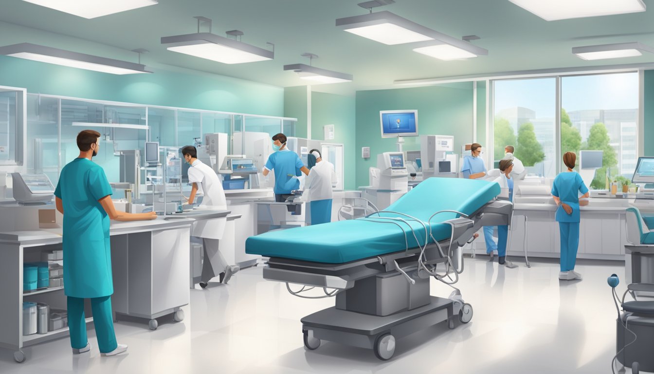 A bustling cardiology clinic with state-of-the-art equipment and a team of specialized doctors and nurses attending to patients