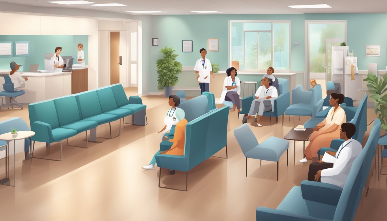 A bustling cardiology clinic with patients checking in, nurses and doctors moving about, and a calming waiting area with comfortable seating and soothing decor