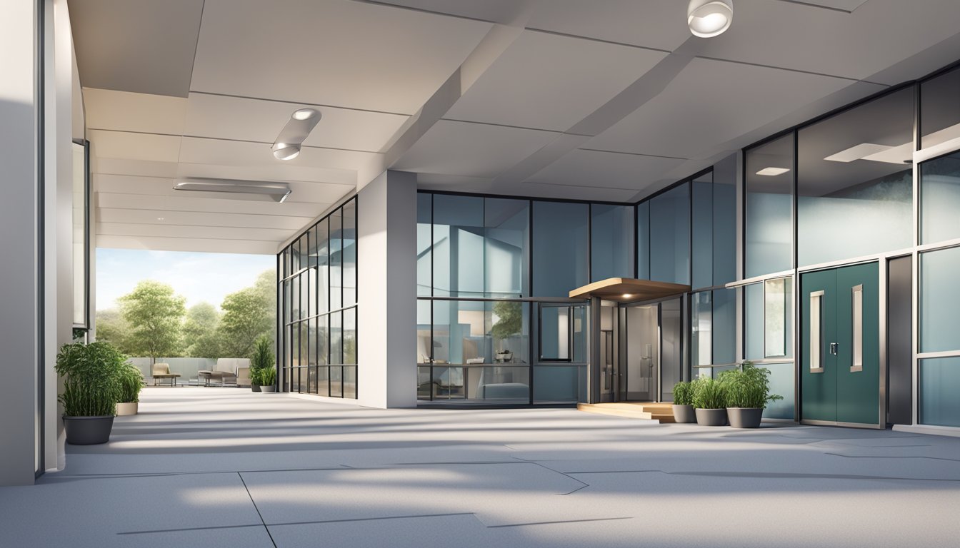 A modern, spacious cardiology clinic with wide doorways and ramps for easy wheelchair access. The building is surrounded by designated parking spaces and clear signage for patients