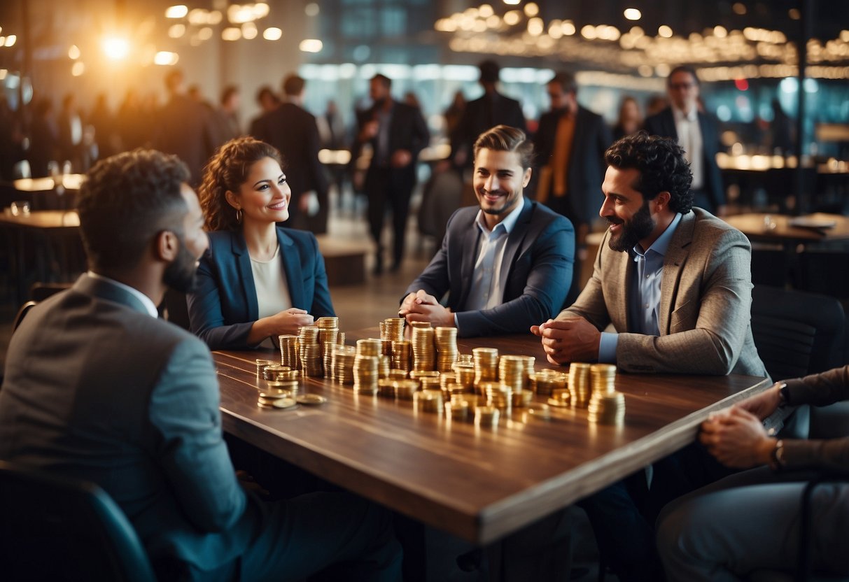 A group of people engaging in networking and discussing the presale dynamics of TON Coin in a vibrant and dynamic setting