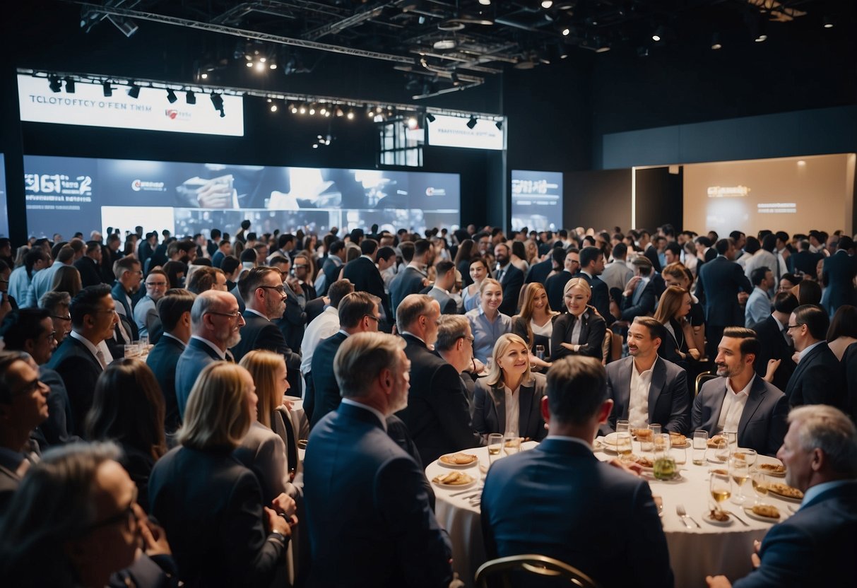 A crowd gathers at TON token presale events, eagerly awaiting the launch. Tables are lined with promotional materials and representatives engage with potential investors