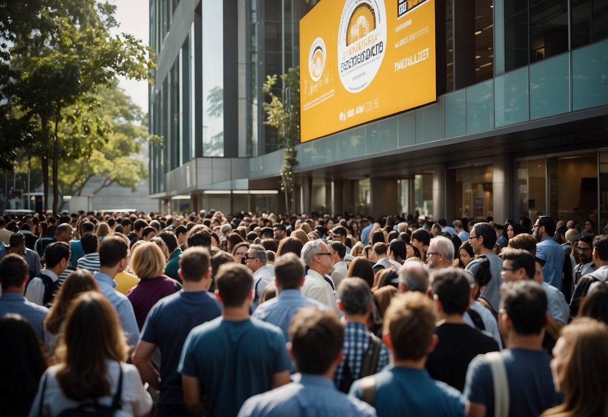 A crowd of participants eagerly awaits the TON token presale event, standing in line with excitement and anticipation. The venue is adorned with banners and signs promoting the event