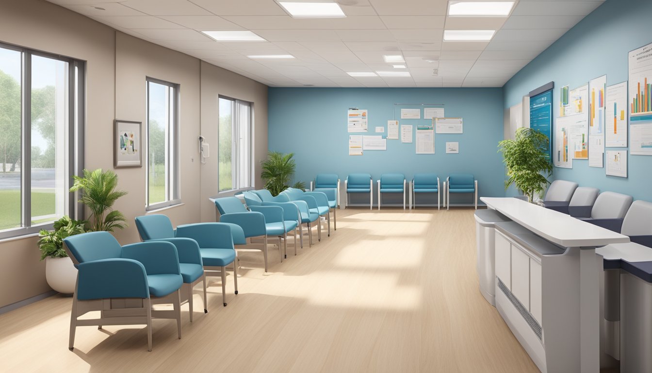 A modern and spacious cardiology clinic with state-of-the-art equipment and comfortable seating areas. The walls are adorned with educational posters and charts, creating a professional and welcoming environment
