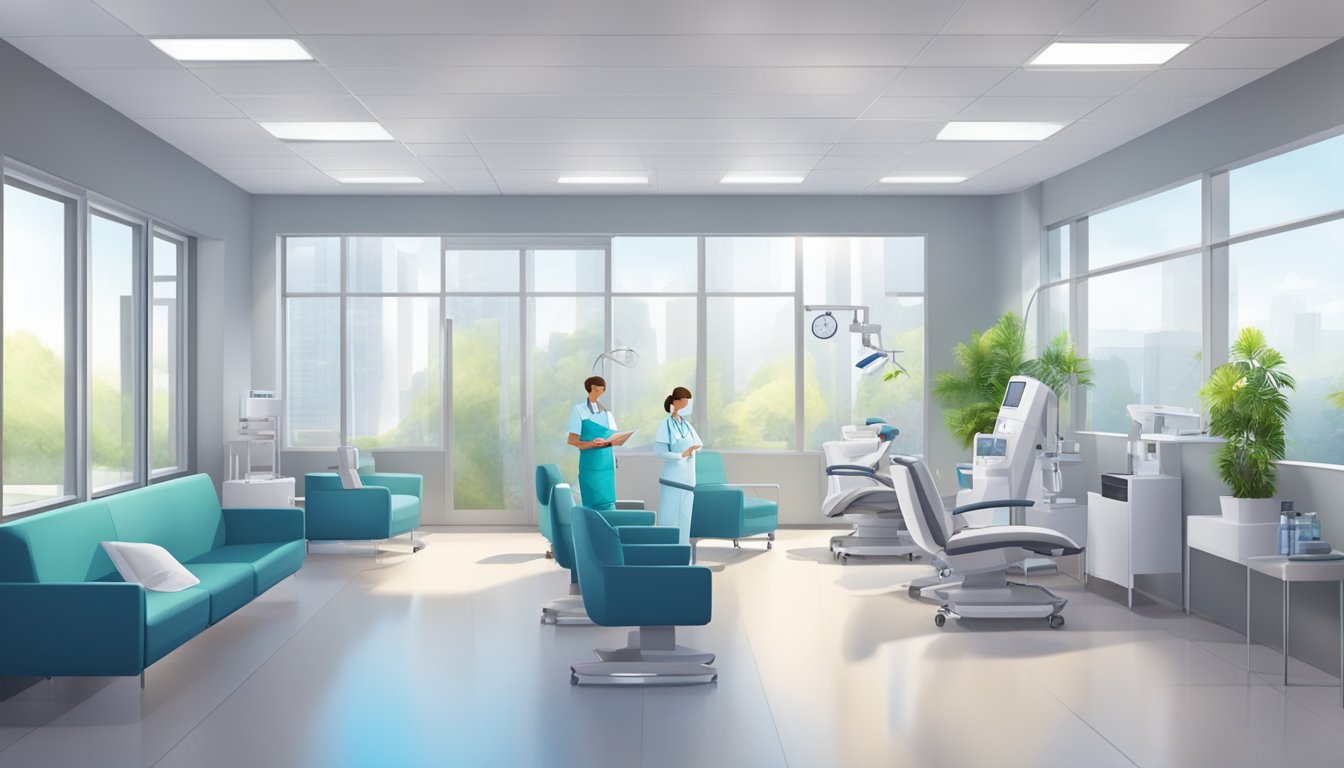 A modern cardiology clinic with state-of-the-art equipment and comfortable waiting area. Nurses and doctors attend to patients with care and expertise