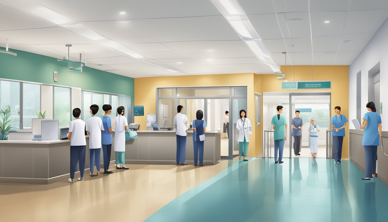 A bustling cardiology clinic with a modern Asian design. Patients waiting in the reception area, while doctors and nurses move efficiently through the corridors. Medical equipment and charts line the walls, creating a professional and organized atmosphere