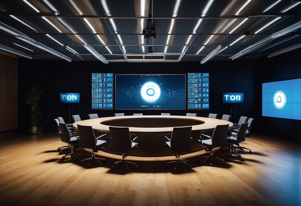 A conference room filled with digital screens, servers, and networking equipment. A podium at the front displays the TON toncoin token logo