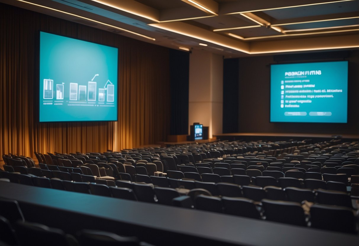 A bustling conference hall with screens displaying market data and a stage for token sales presentations