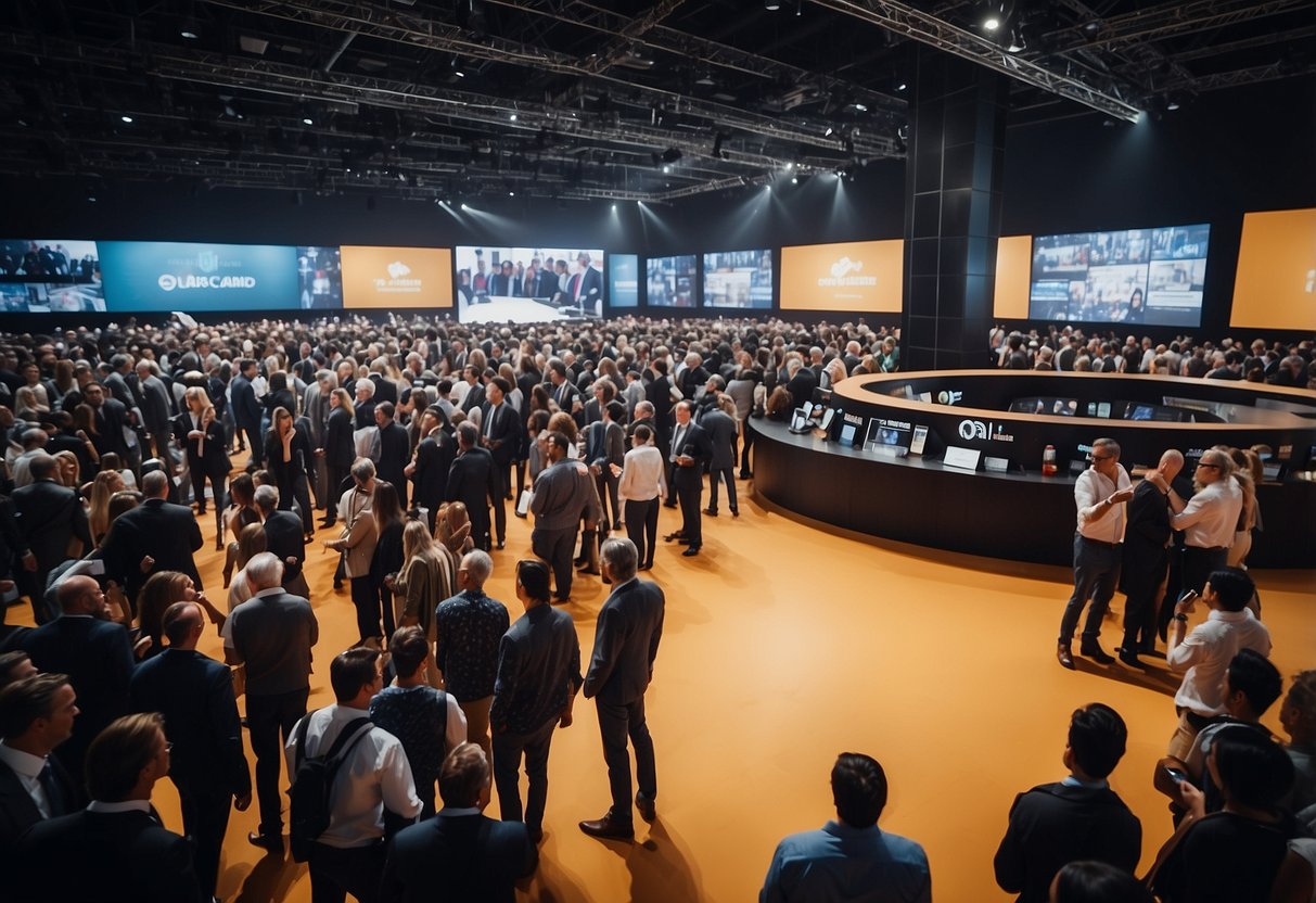 A crowded event hall with investors discussing TON token presale guidelines, surrounded by promotional banners and informational booths