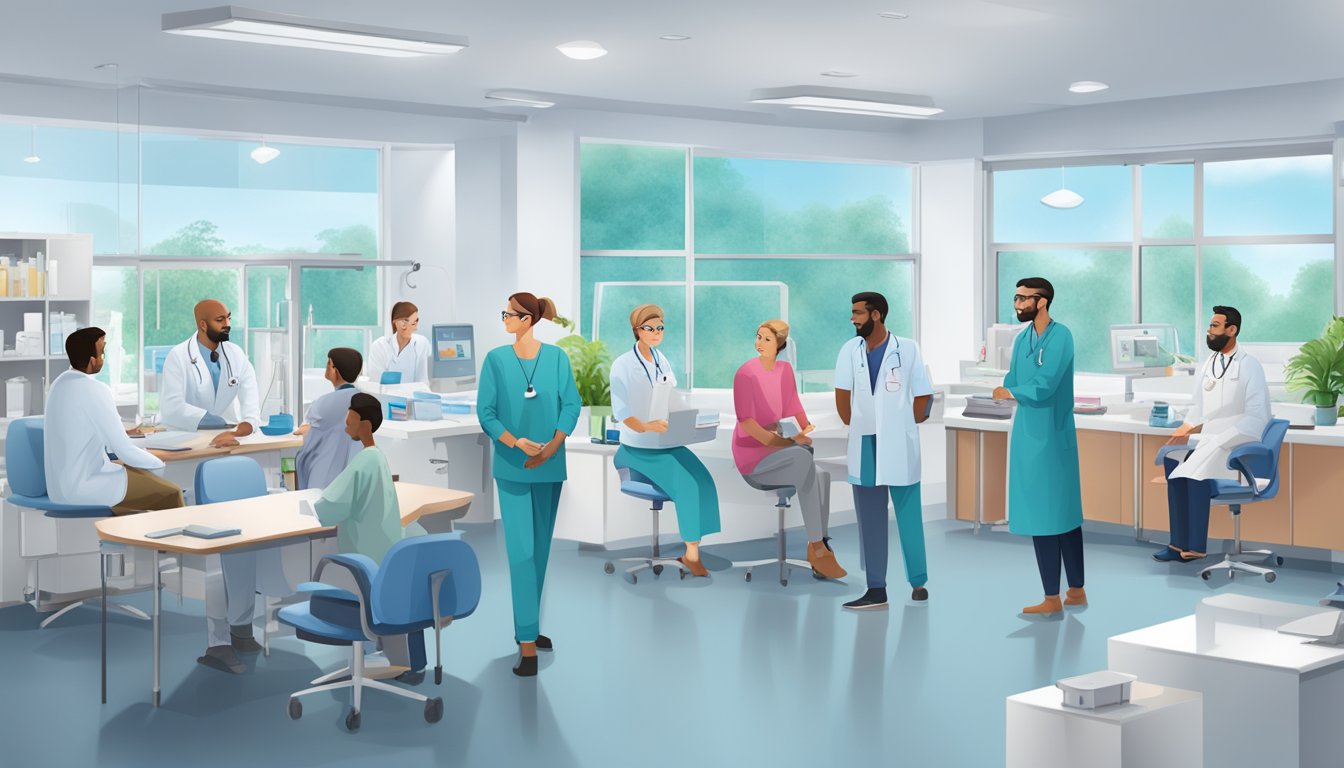 The bustling cardiology clinic at StarMed Specialist Centre, with patients waiting, doctors consulting, and medical staff attending to various tasks