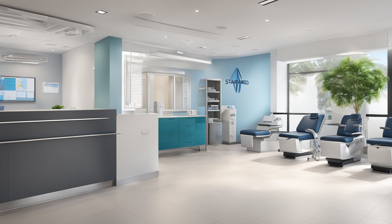 A modern cardiology clinic with sleek design and professional atmosphere. The StarMed Specialist Centre logo prominently displayed