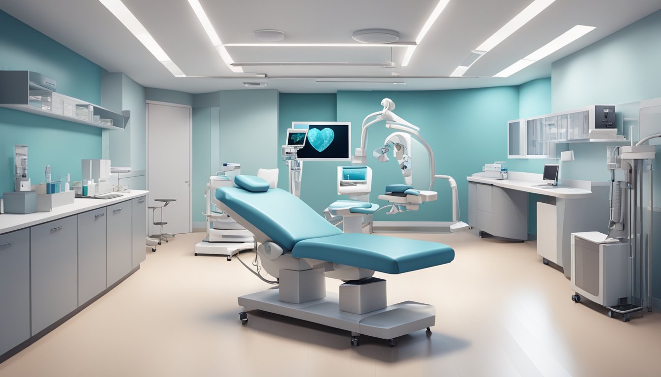 A modern cardiology clinic with state-of-the-art equipment, comfortable seating, and a calming color scheme