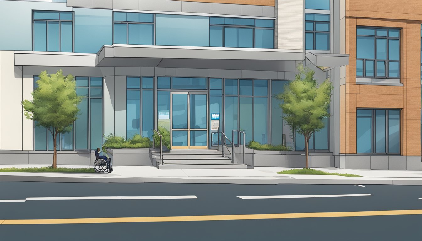 The clinic is located on a bustling street corner, with a bright sign and wheelchair ramp for accessibility. A steady stream of patients enters and exits the building