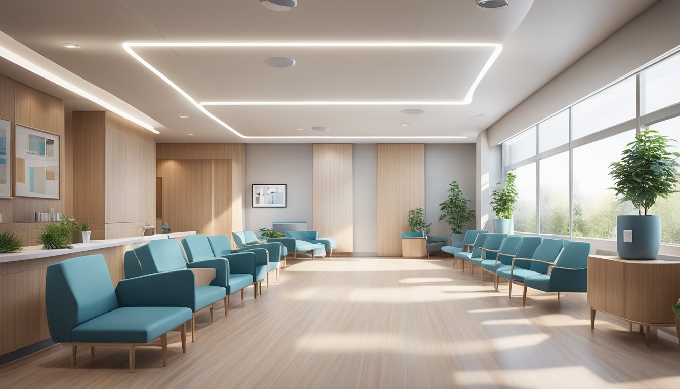 A modern cardiology clinic with sleek design, high-tech equipment, and a calming atmosphere. The waiting area features comfortable seating and natural light, while the examination rooms are equipped with state-of-the-art medical tools