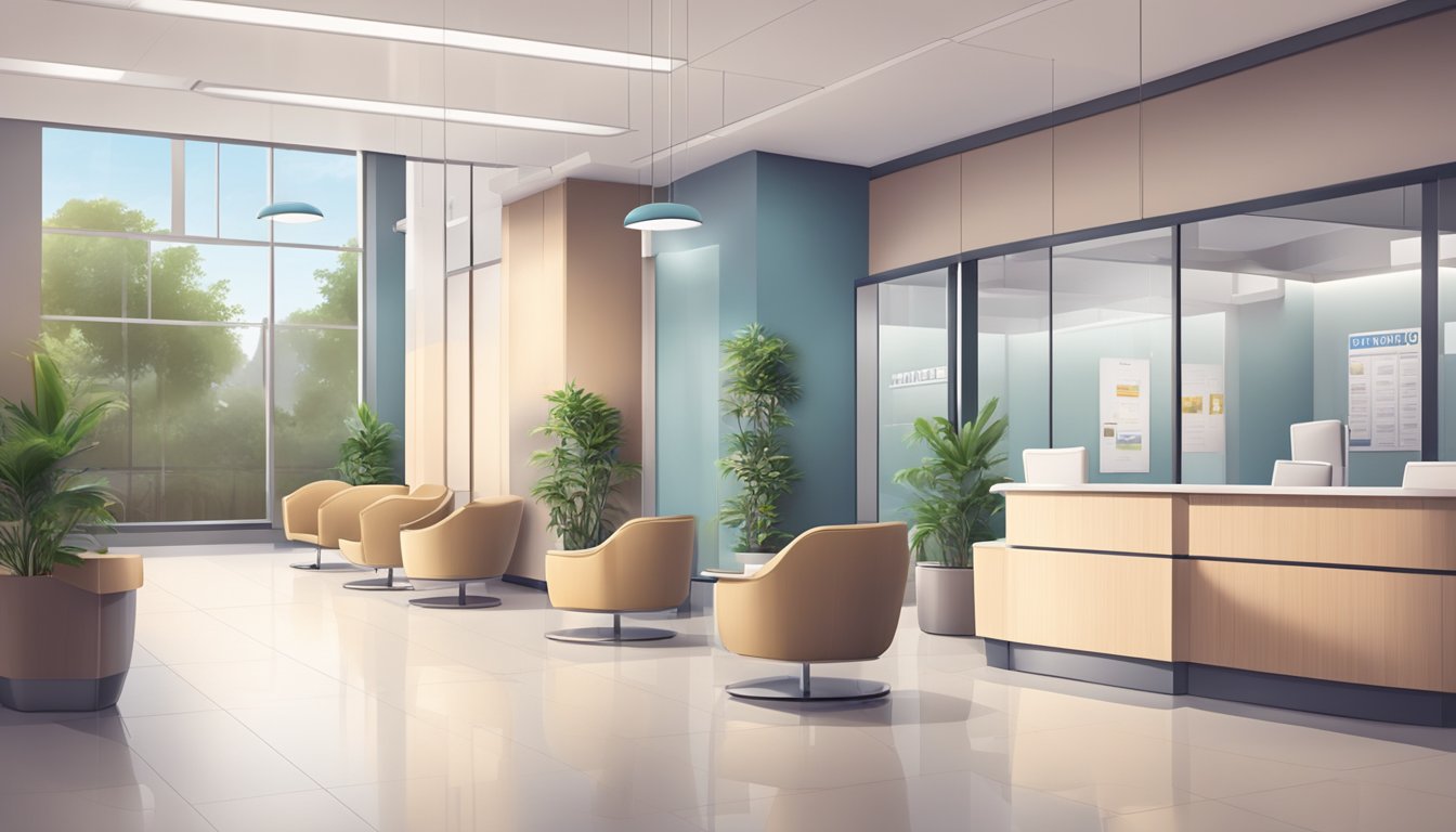 A modern cardiology clinic with sleek design and signage. Clean waiting area with comfortable seating. Professional staff assisting patients