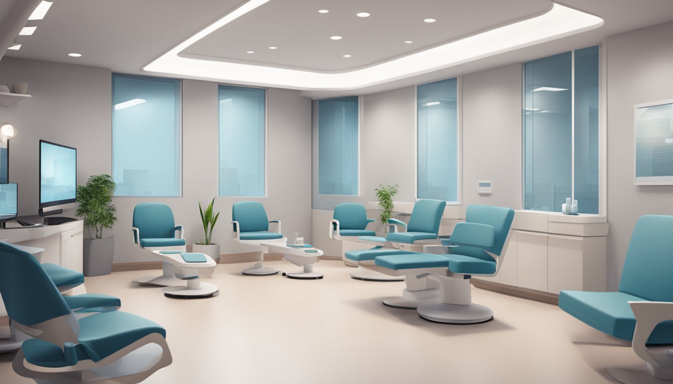A modern cardiology clinic with sleek, minimalist design. Medical equipment and comfortable seating fill the space. The clinic exudes a professional and calming atmosphere