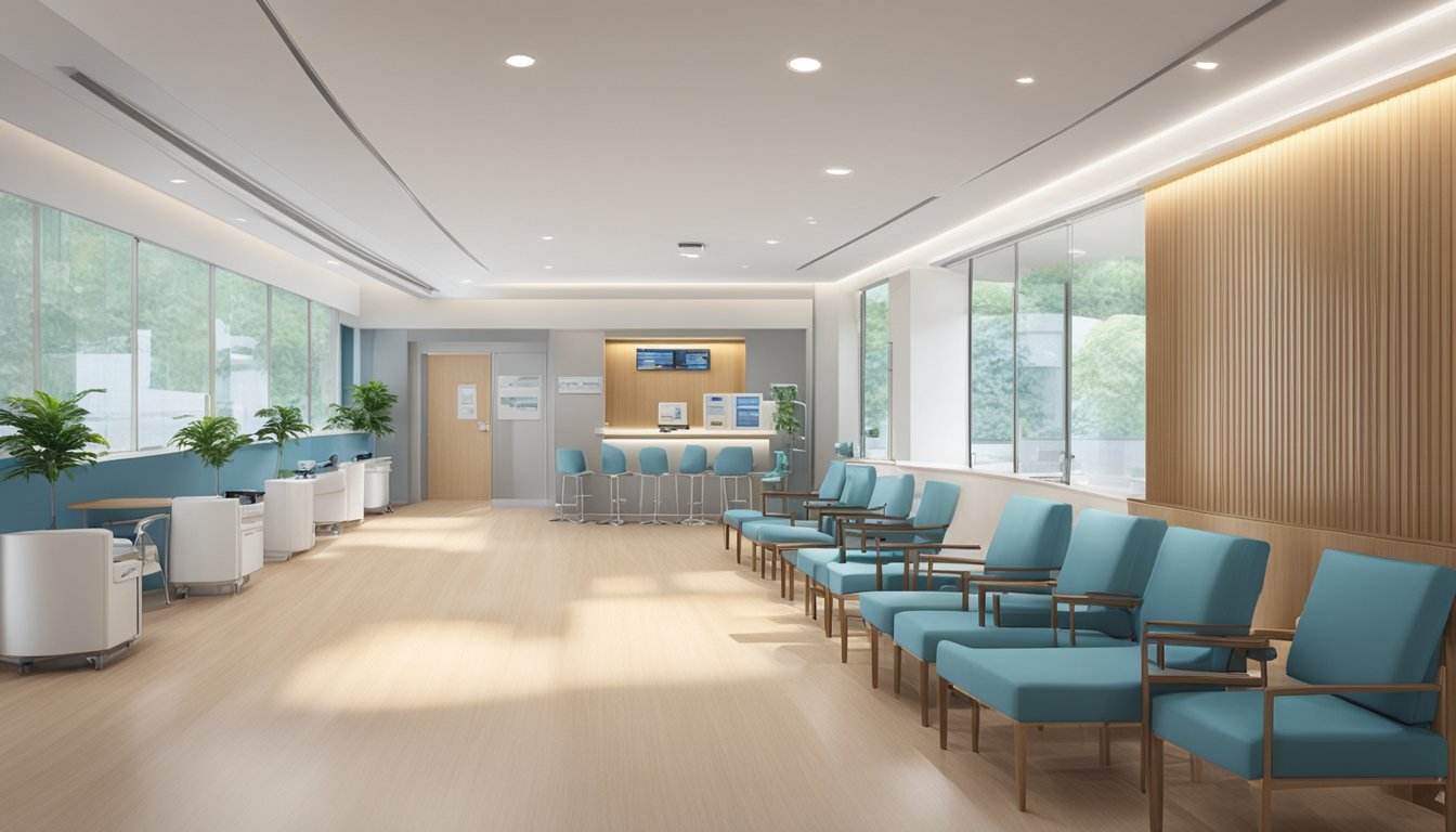 The scene depicts a modern and professional cardiology clinic within Singapore Medical Group Limited. The clinic is well-lit and spacious, with state-of-the-art medical equipment and comfortable seating for patients