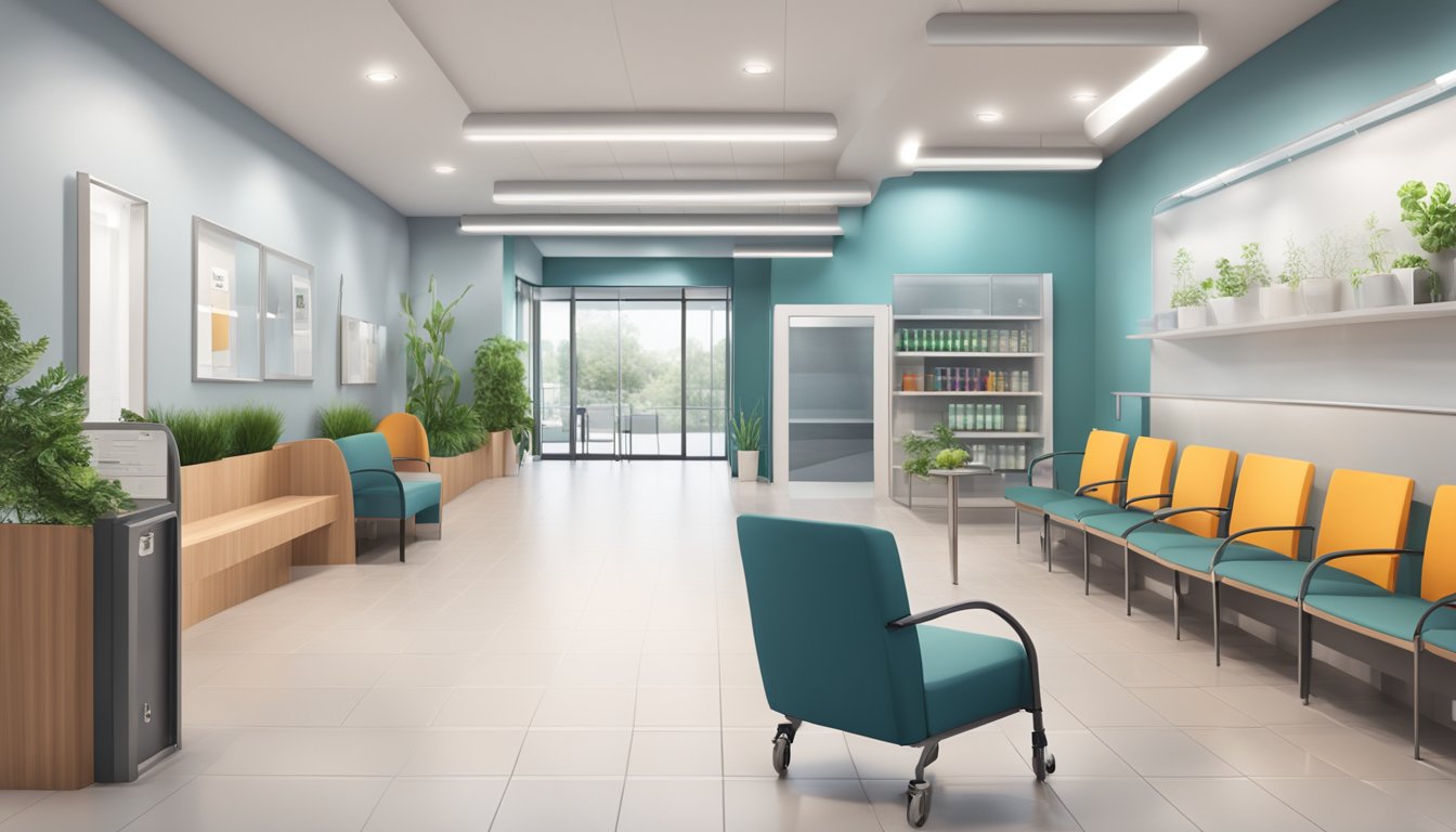 A modern cardiology clinic with wheelchair ramp and clear signage for easy access. Brightly lit waiting area with comfortable seating and reception desk
