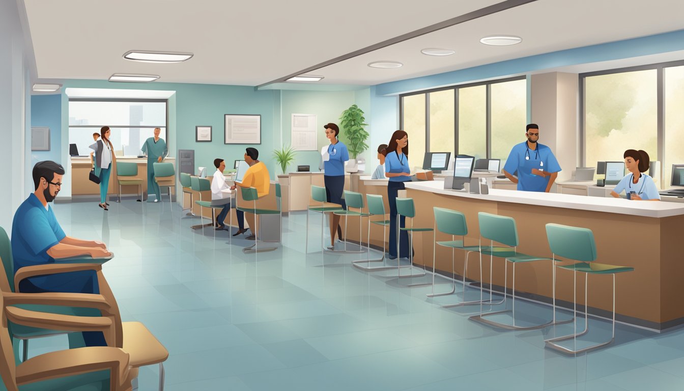 A bustling cardiology clinic with patients checking in, doctors consulting, and staff answering phone calls. The waiting room is filled with comfortable chairs and a reception desk