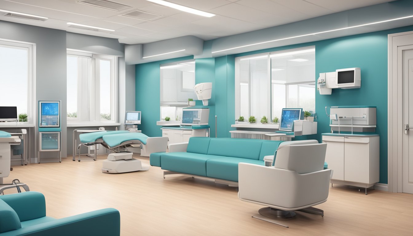 A modern cardiology clinic with state-of-the-art equipment and comfortable seating. The clinic is bright and spacious, with a calming atmosphere and a professional, welcoming staff