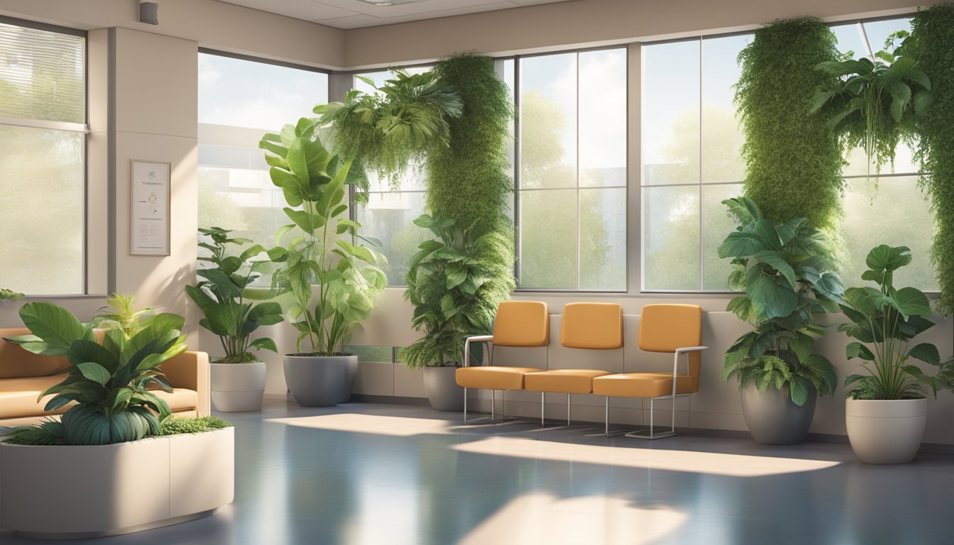 A patient sits in the waiting area of a modern cardiology clinic, surrounded by comfortable seating and leafy green plants. The reception desk is staffed by friendly professionals, and the clinic is filled with natural light