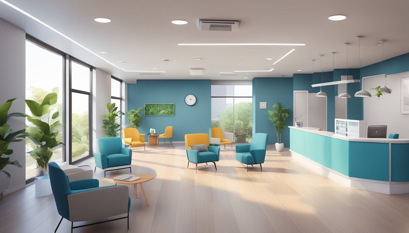 A modern, spacious cardiology clinic with a welcoming reception area, comfortable seating, and professional staff assisting patients