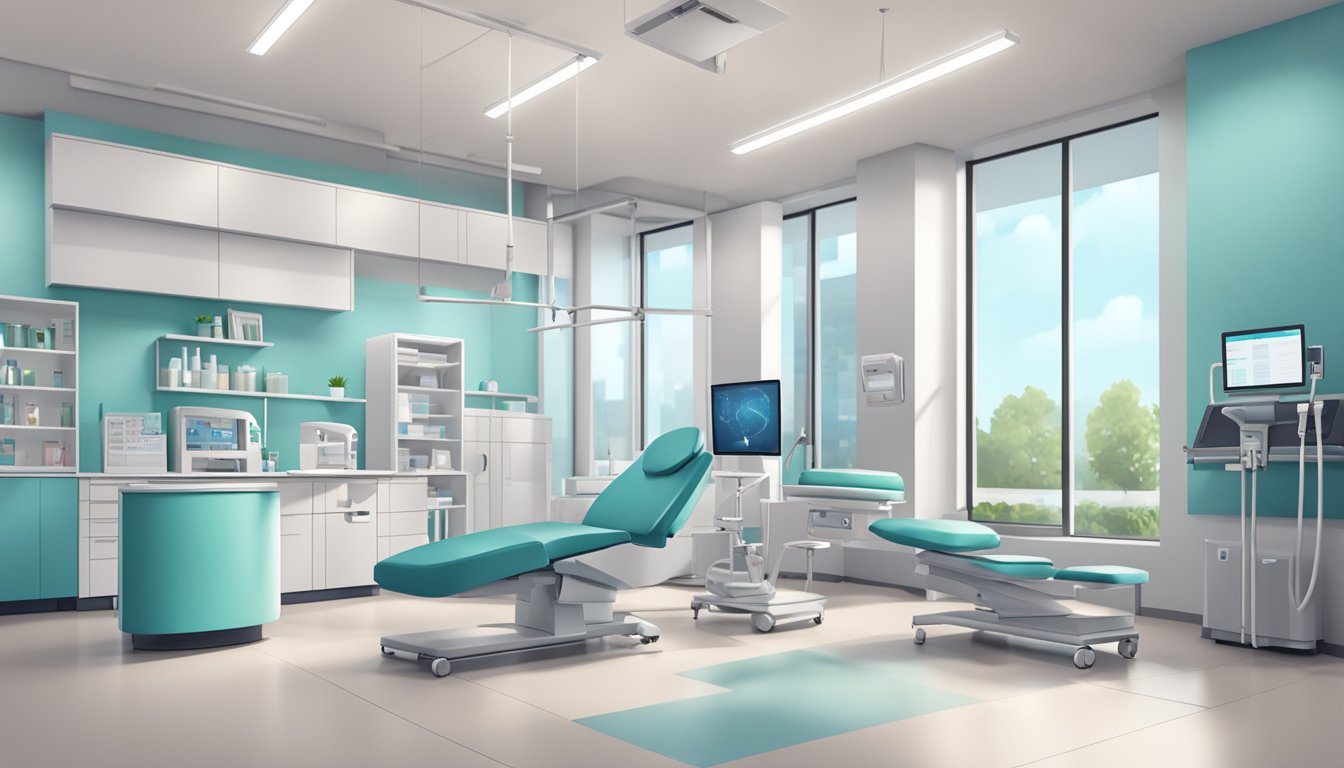 A modern cardiology clinic with sleek furniture, medical equipment, and a calming color scheme