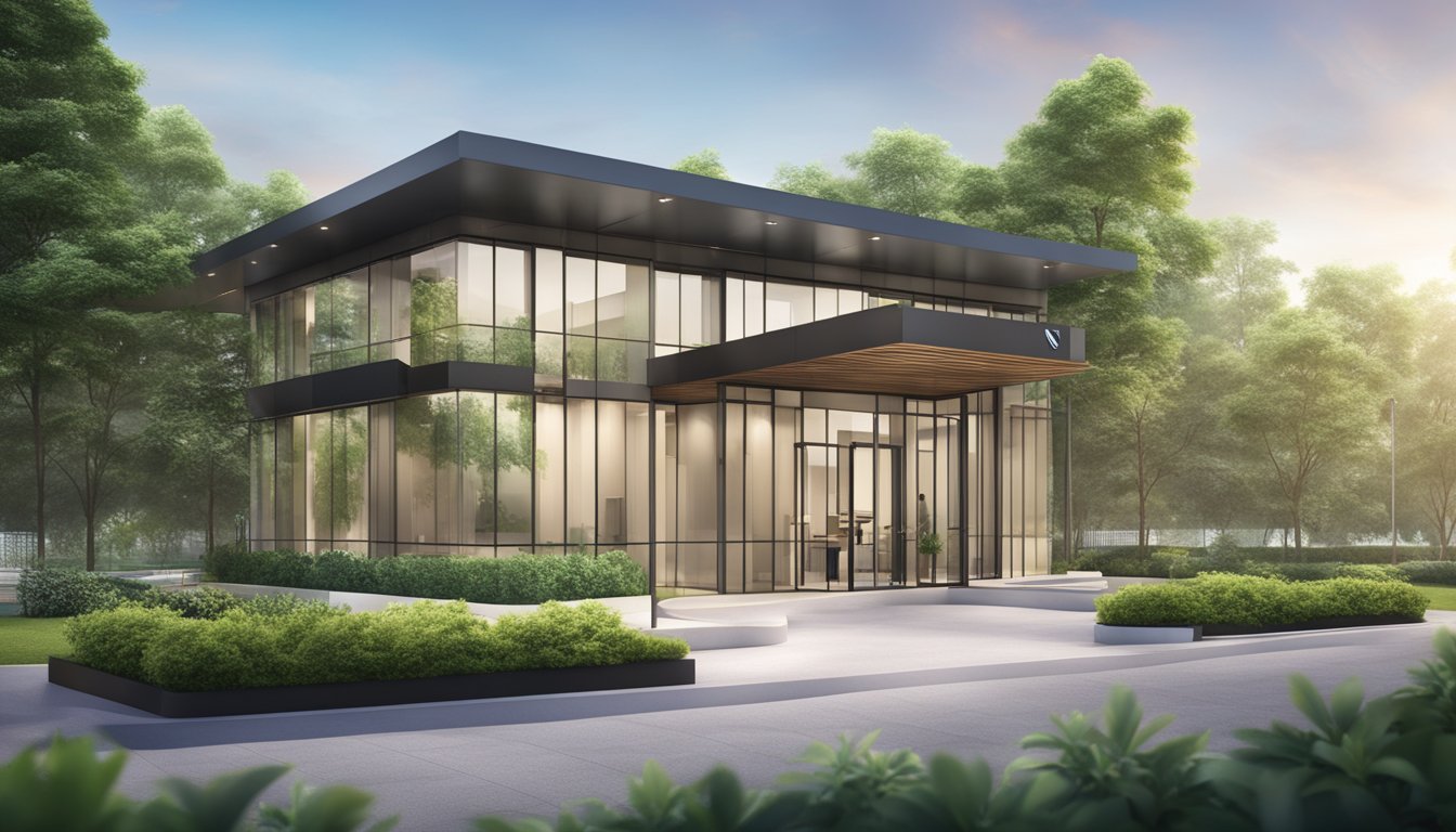 A modern cardiology clinic with sleek signage and a professional entrance. The building is surrounded by lush greenery, giving off a sense of calm and tranquility