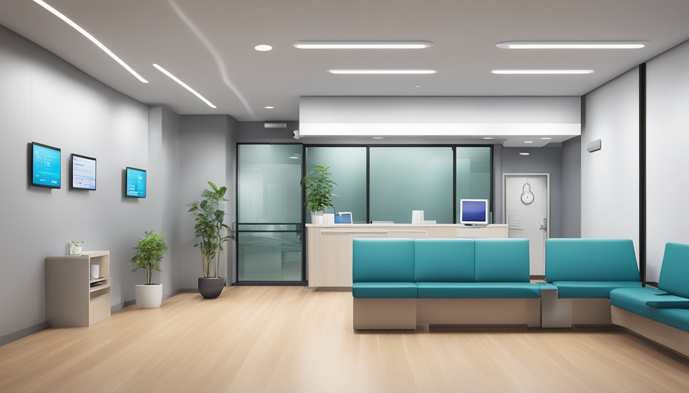 A modern cardiology clinic with sleek design, state-of-the-art equipment, and a comfortable waiting area. The logo "Doctor Expertise Cardiology Associates Pte Ltd" is prominently displayed