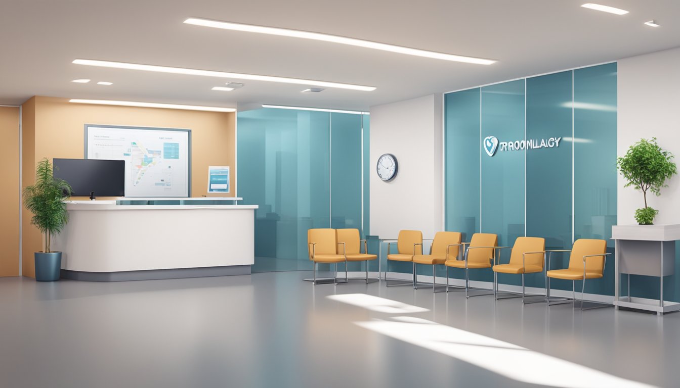 A modern cardiology clinic with sleek design and comfortable waiting area. Logo prominently displayed. Friendly staff assisting patients