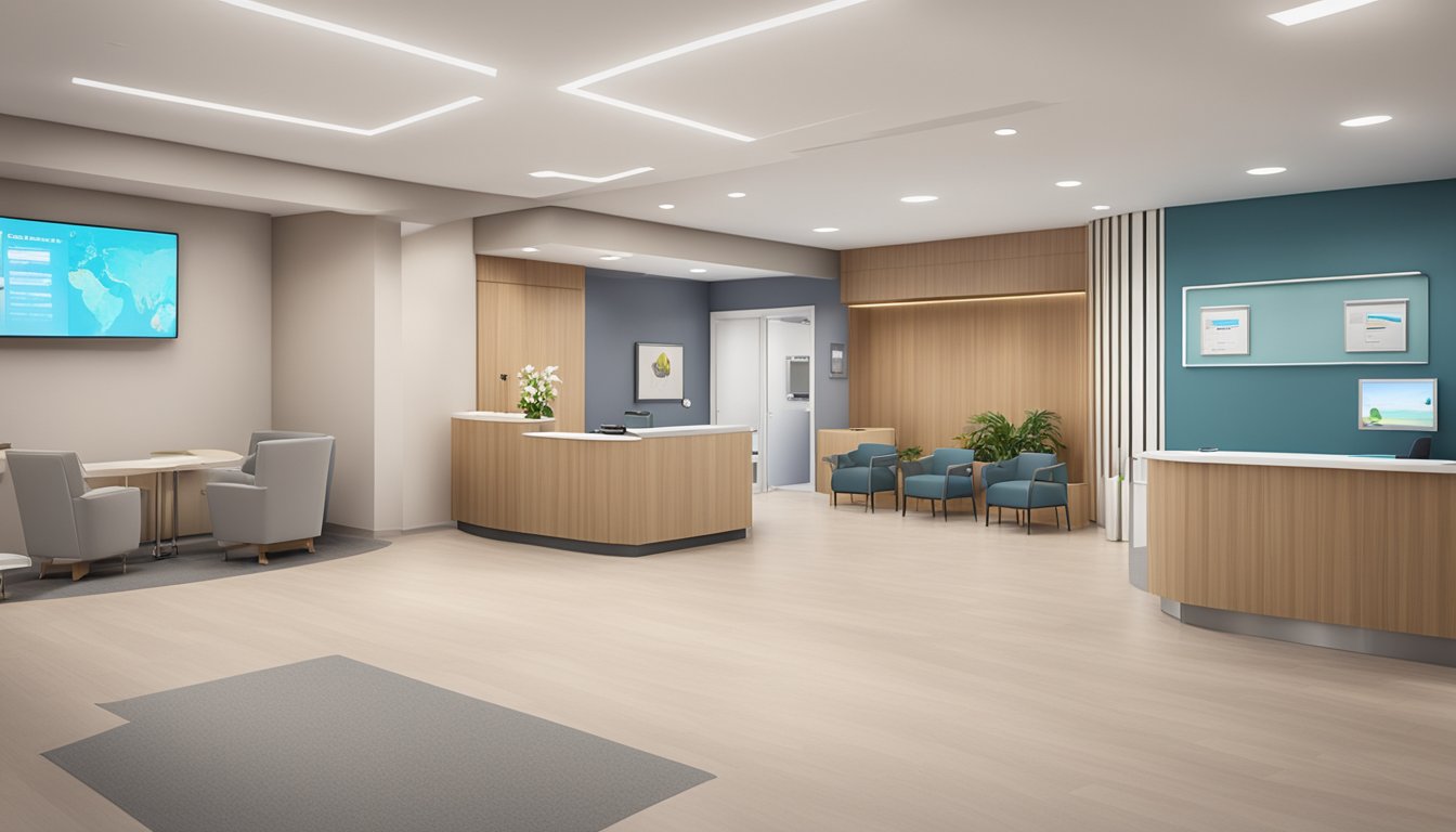 A modern cardiology clinic with sleek design, state-of-the-art equipment, and a calming atmosphere. The Raffles Heart Centre logo is prominently displayed, and patients are seen waiting in the comfortable reception area