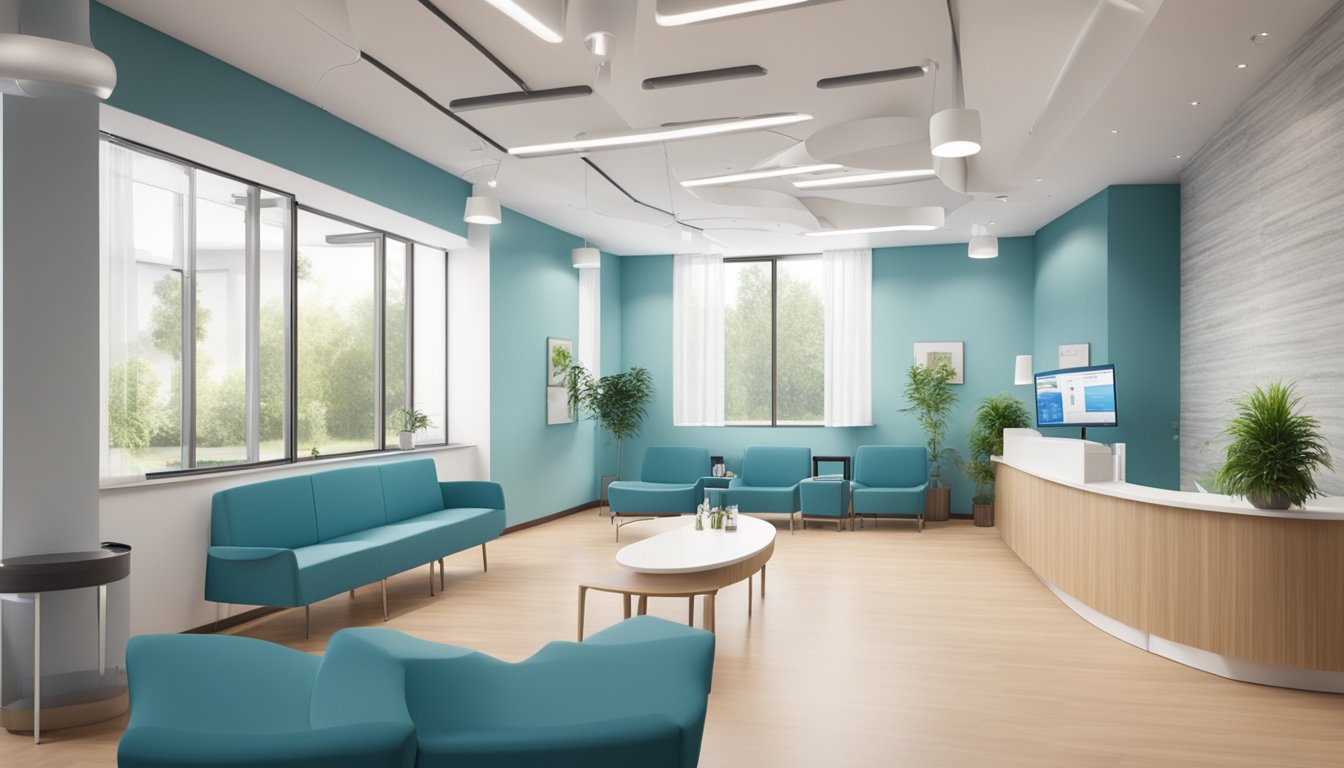 A modern, spacious cardiology clinic with state-of-the-art equipment and comfortable seating. The reception area is bright and welcoming, with a friendly atmosphere