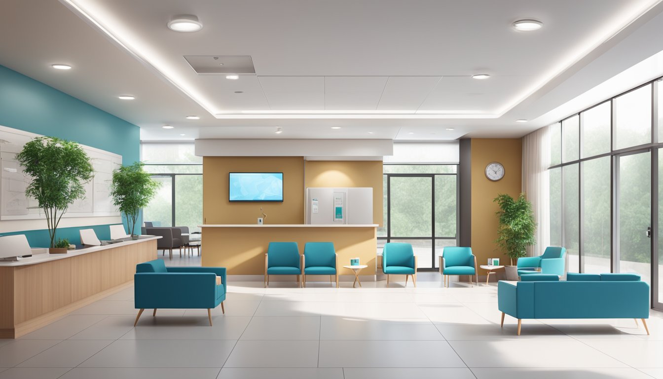 A modern and spacious cardiology clinic with a welcoming reception area, comfortable seating, and state-of-the-art medical equipment